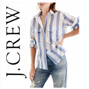 J.Crew Relaxed Shirt Silk Cotton Stripe Flap Pocket Long Sleeve Medium Blue